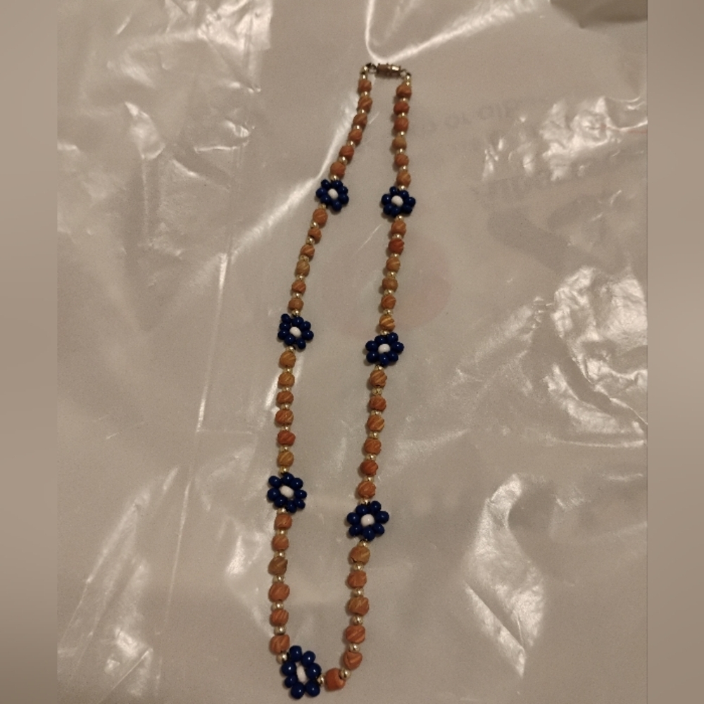 Charming Kids' Beaded Necklace with Blue Floral Design
